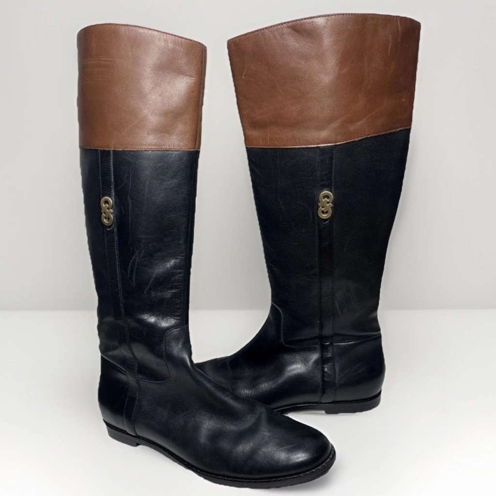 Cole Haan Women 8 B Rigby Riding Boots Black Brown Leather Equestrian Flat
